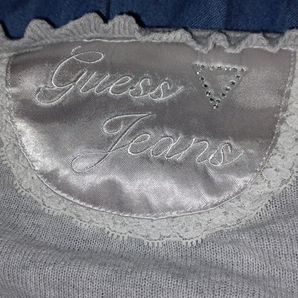 GUESS Mini Cropped Cardigan, gray w/white polka dots, scoop neck - Picture 5 of 7